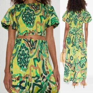 NEW Simon Miller Vida Poplin Smocked Crop Top Abstract Green Floral Size: M